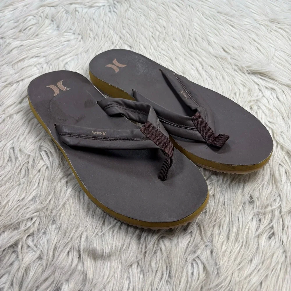 NWOB Hurley Men's 10 Brown Faux Leather Lunar Flip Flop Sandals Beach Surfer
